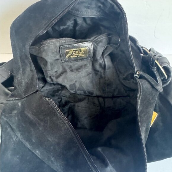 FURLA Suede Leather Large Hobo Shoulder Bag Oversized Boho Gold Hardware Ring - Picture 10 of 16